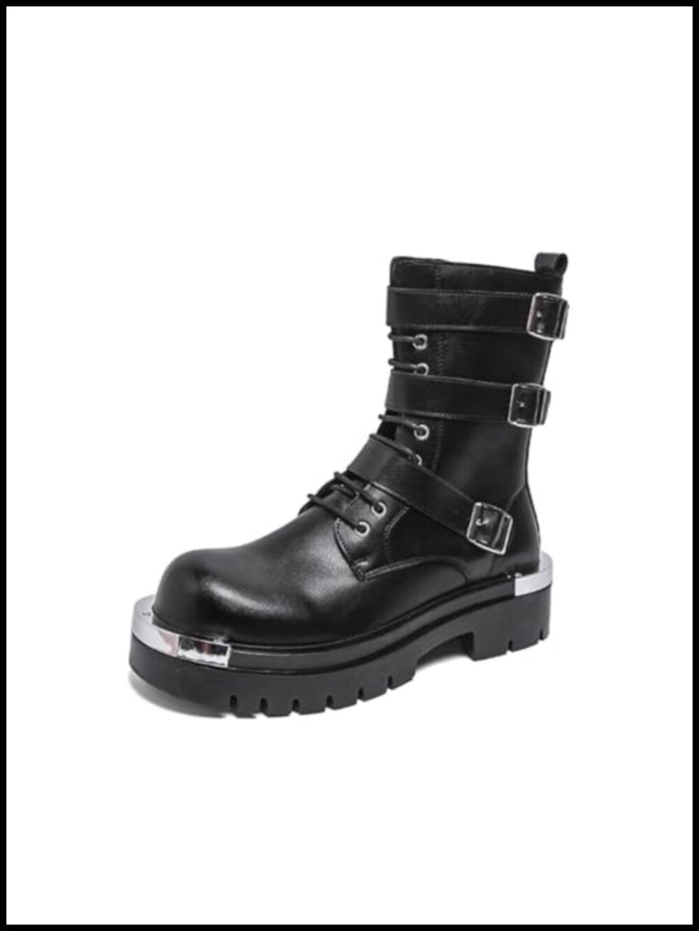 Leather Lace Up Platform Combat Boots with Multiple Buckle Side Zip Chunky Heel